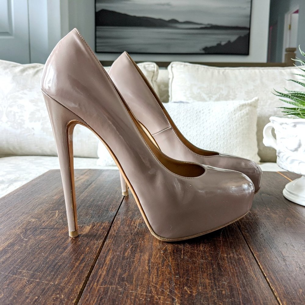 Brian Atwood Maniac Taupe Leather Pumps